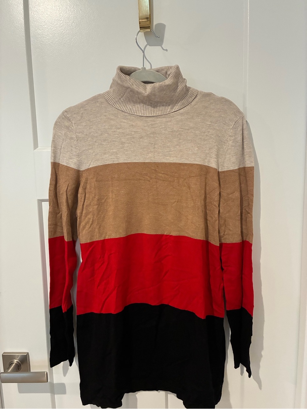 INC International Concepts Beige Tan Red Black Colorblock Turtleneck Tunic